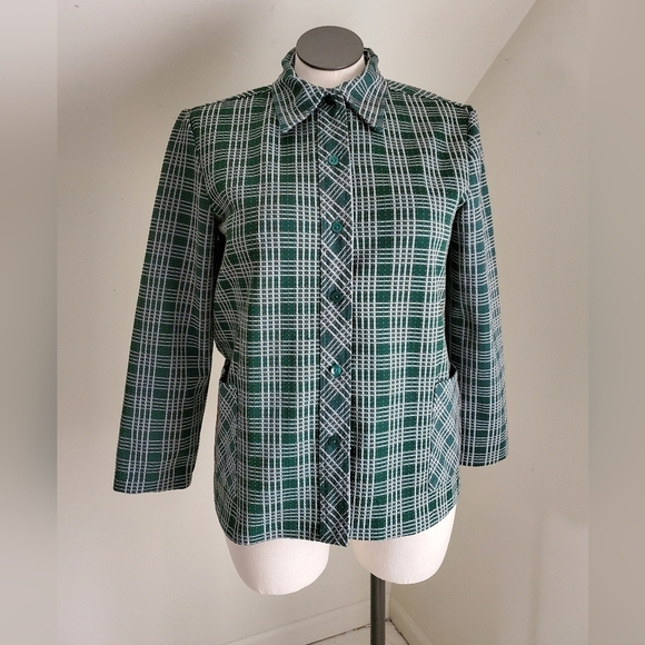70s Vintage Forest Green Plaid Dagger Collar Top - Picture 8 of 8